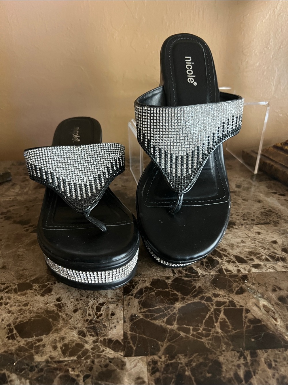 Nicole Black Sandals with Silver Rhinestone Accents